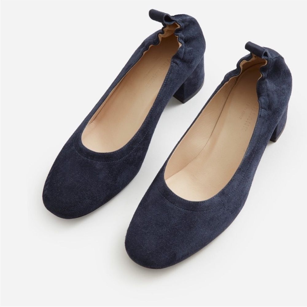 Everlane Navy Suede Low Block Heel Ballet Pumps
